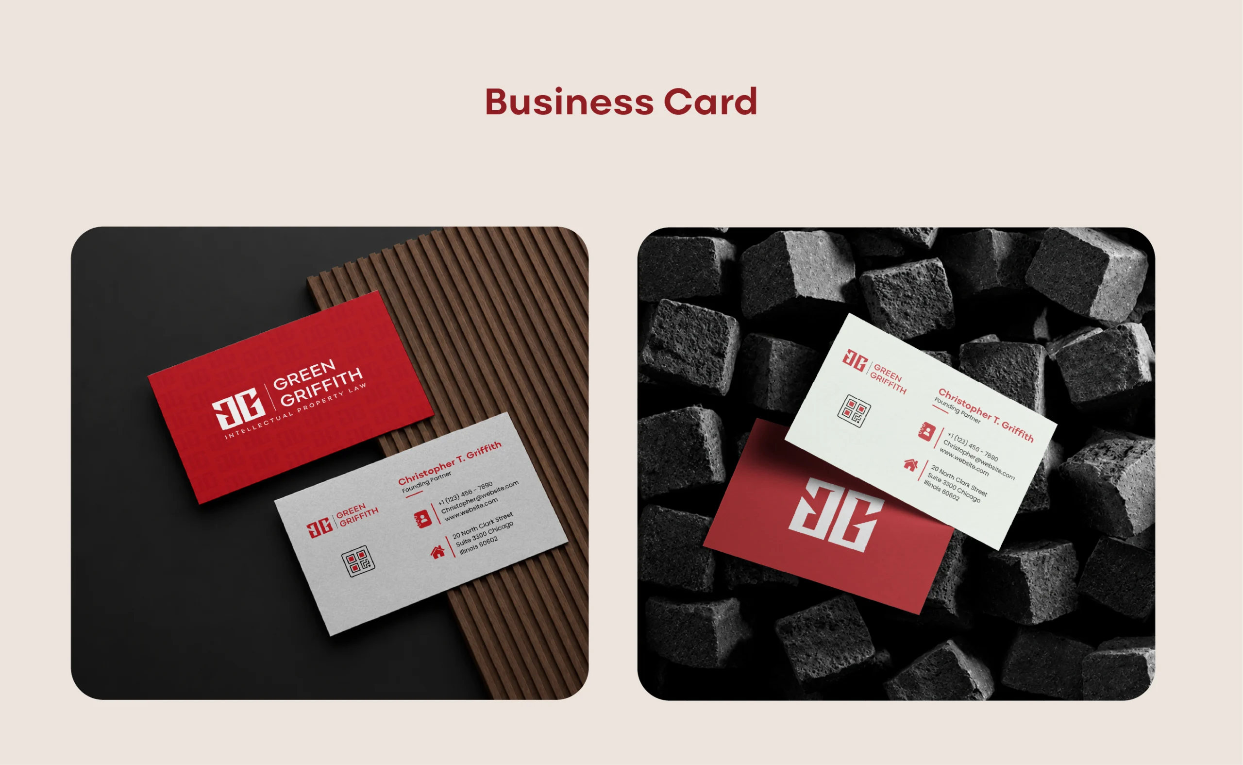 Green Griffith business card and stationery design